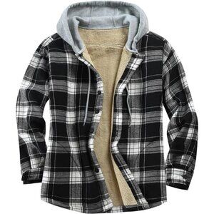 Mens Flannel Shirt Jacket Hooded Sherpa Lined Button Down Plaid Fleece Coat